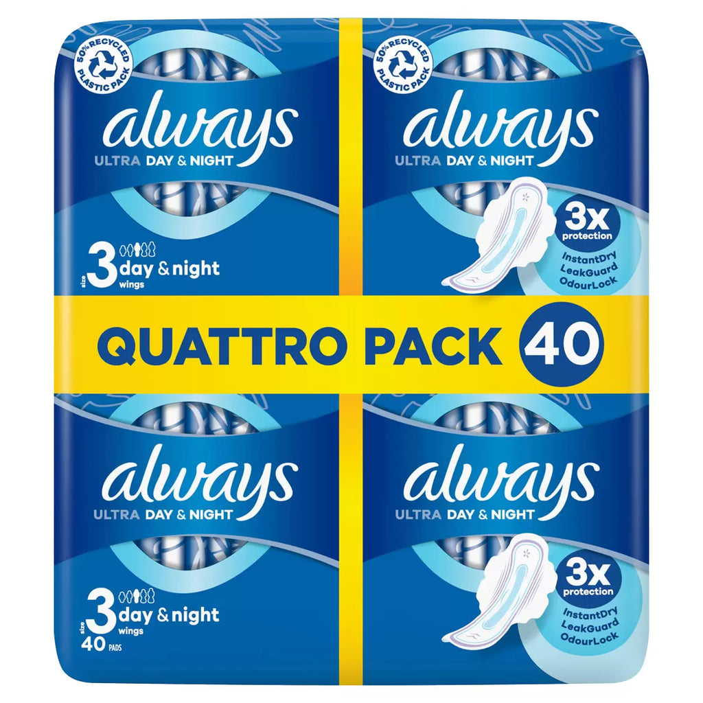 Always Ultra Day & Night Size 3 Sanitary Towels with Wings, 40 Pads, multiple option