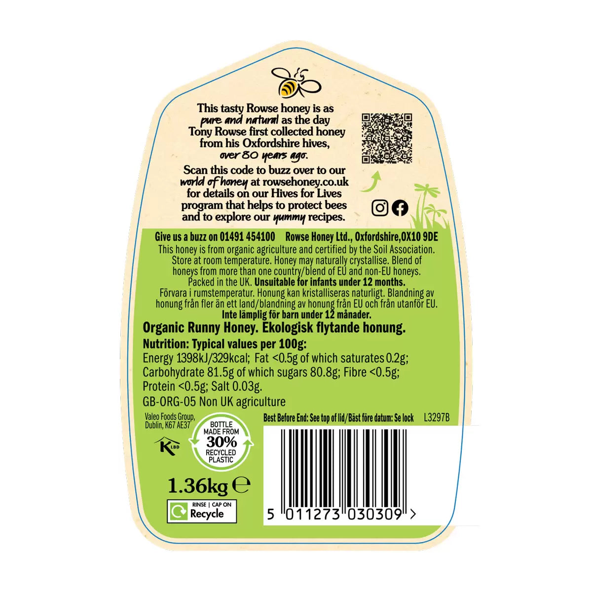 Rowse Organic Honey, 1.36kg, multiple option