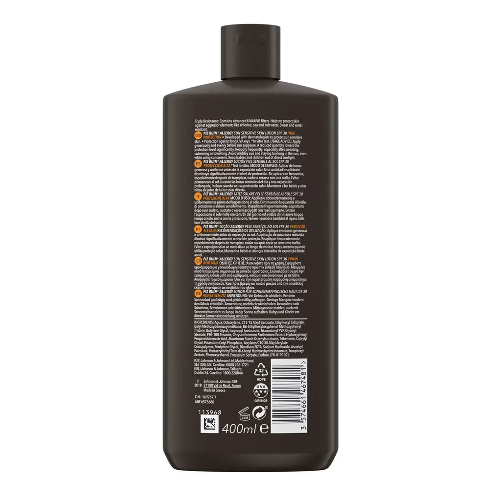 Piz Buin SPF 30 Allergy Suncare Skin Lotion, 2 x 400ml