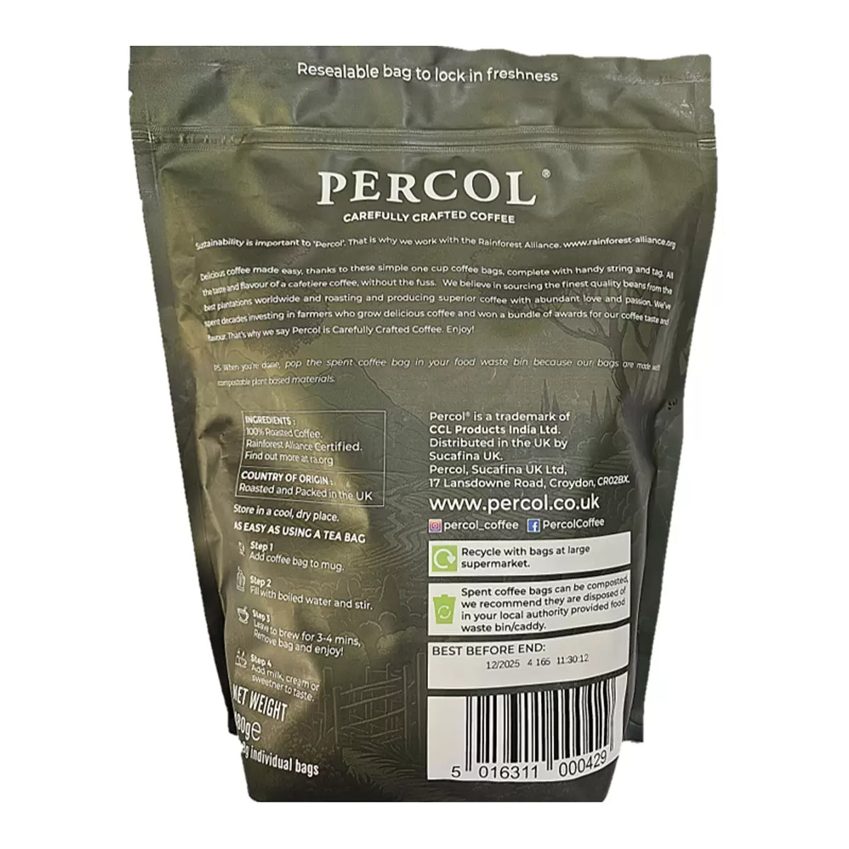Percol Americano Medium Roast Coffee Bags, 60 x 8g, multiple option