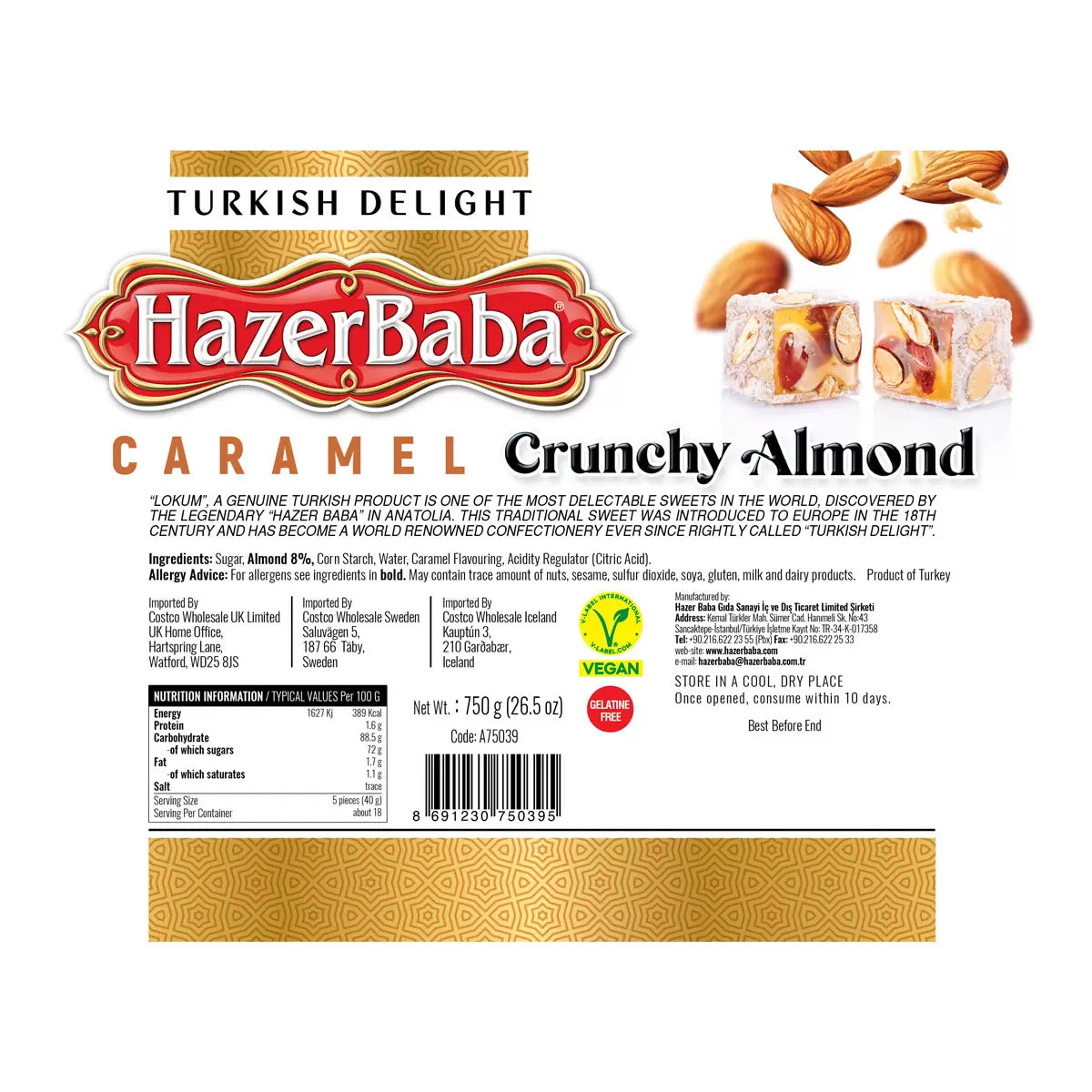 HazerBaba Turkish Delight Caramel & Almond, 750g, multiple option
