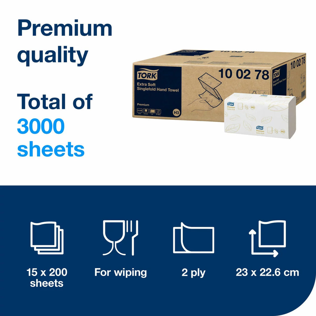 Tork Extra Soft Singlefold Premium Hand Towels, 15 x 200 Sheets