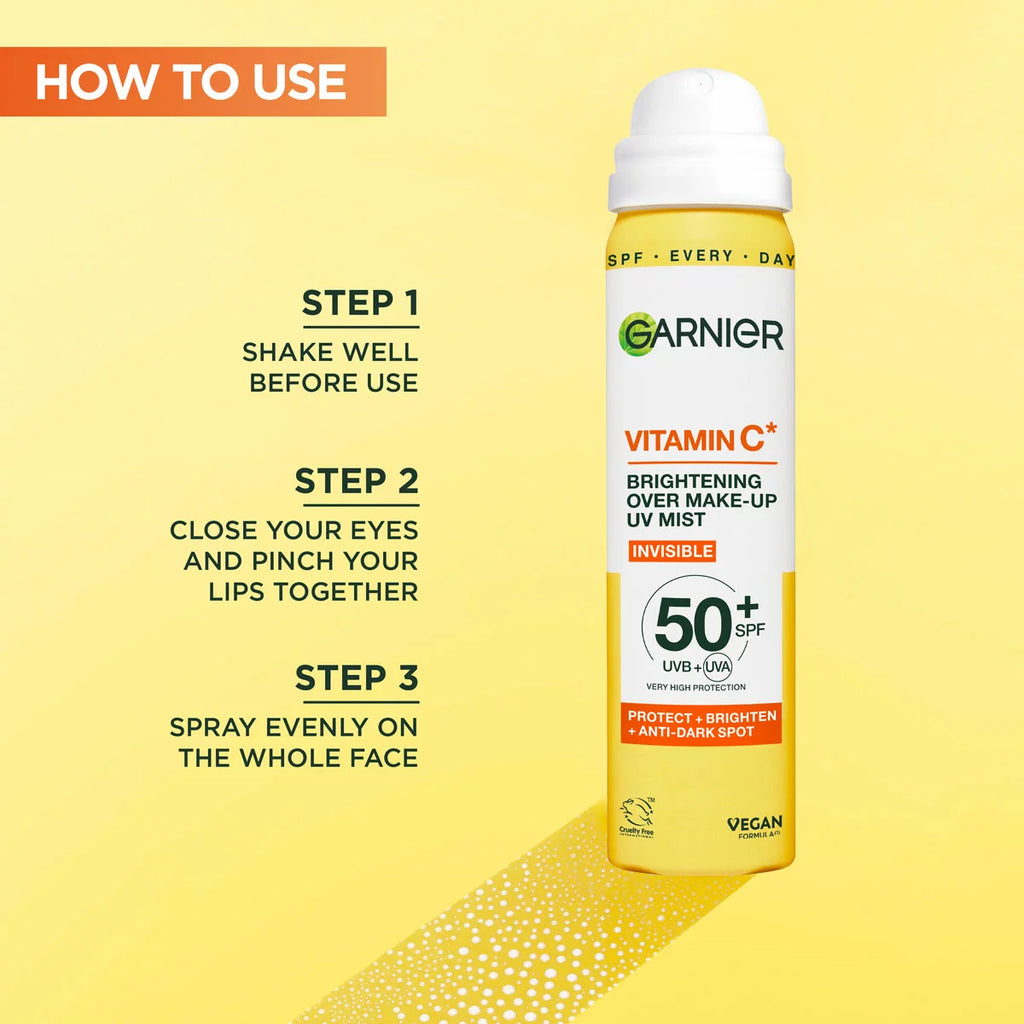 Garnier Vitamin C Brightening Over Make-up UV Sun Cream Mist,SPF50+, 3 x 75ML